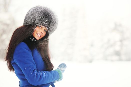 winter women close up portrait in frost forest