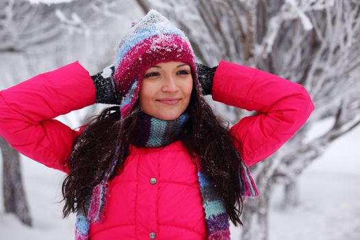 winter women close up portrait in frost forest