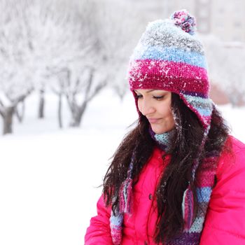 winter women close up portrait in frost forest