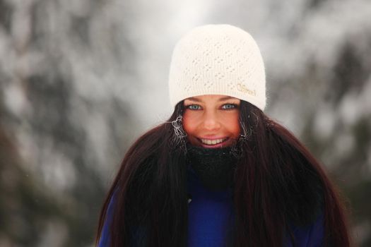 winter women close up portrait in frost forest