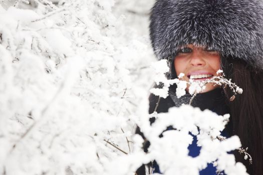 winter women close up portrait in frost forest