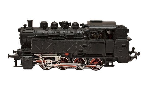 Black steam locomotive model isolated on a white background. File contains clipping path.