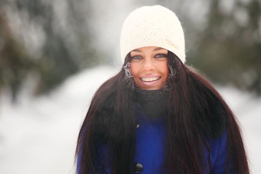 winter women close up portrait in frost forest