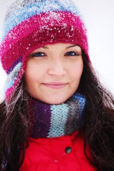 winter women close up portrait in frost forest