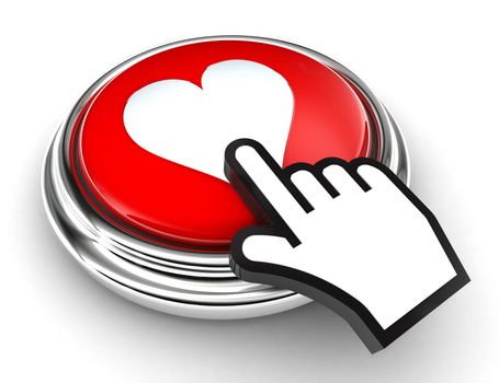 love heart red button and cursor hand on white background. clipping paths included