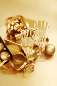 golden christmas background champagne gifts ball