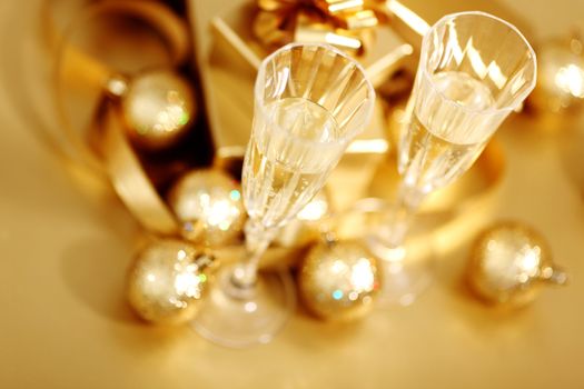 golden christmas background champagne gifts ball