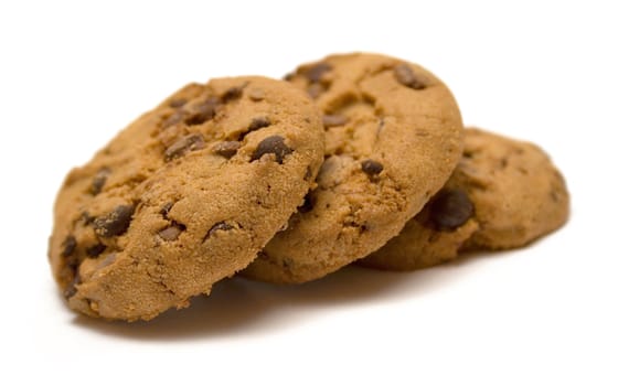 Homemade chocolate chip cookies isolated on a white background.