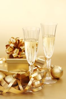 golden christmas background champagne gifts ball