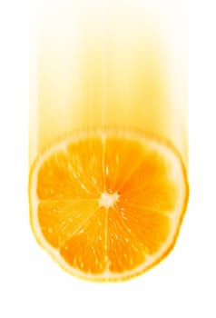 Falling orange slice with motion blur isolated on a white background.