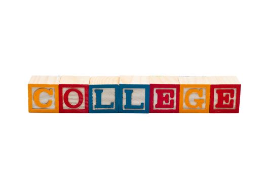 Wooden blocks that spells the word College.  Isolated on white background.