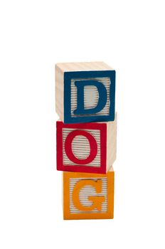 Wooden blocks that spell out Dog.  Isolated on white background.
