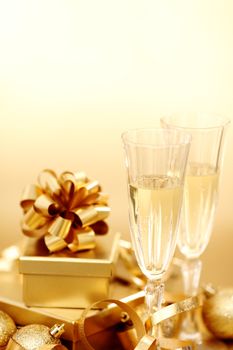 golden christmas background champagne gifts ball