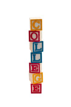 Stack of wooden blocks that spells the word College.  Isolated on white background.