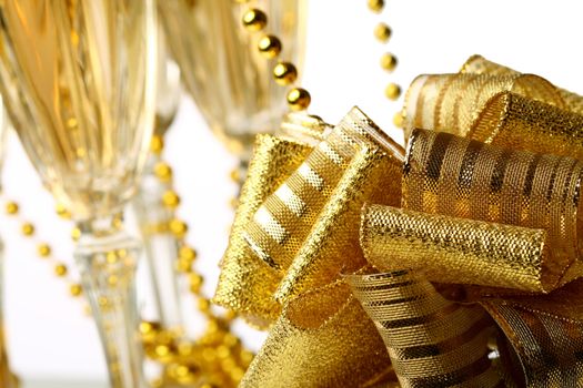 holiday card golden champagne and gift