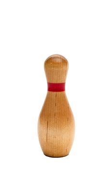 Bowling pin made from wood.  Isolated on white background.