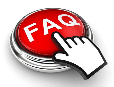 faq red button and cursor hand on white background. clipping paths included