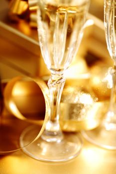 golden christmas background champagne gifts ball