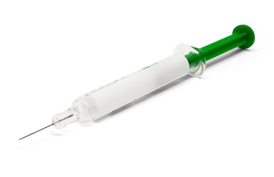 Single plastic syringe isolated on a white background.