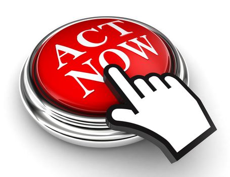 act now red button and cursor hand on white background. clipping paths included