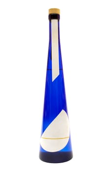 Blue bottle of booze with blank label isolated on a white background. File contains clipping path.