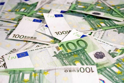 One hundred Euro banknotes background.
