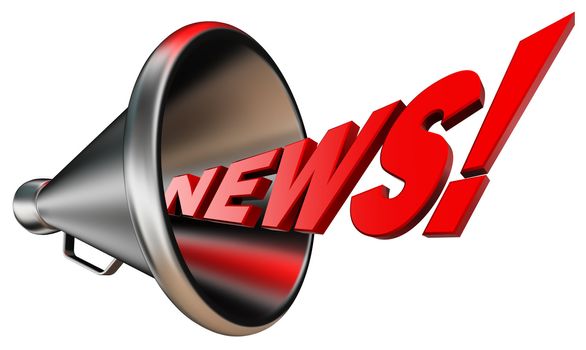 news red word and metal bullhorn on white background. clipping path included