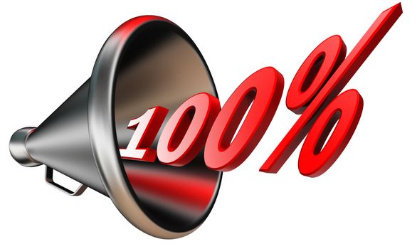 hundred per cent 100% red symbol in bullhorn isolated on white background. clipping path included