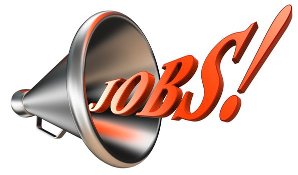 jobs orange word in megaphone on white background. clipping path included 