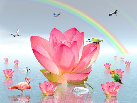Pink lily flowers on water , under rainbow and surrounded by many birds by beautiful weather