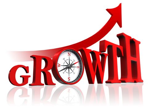 growth red word with compass and arrow on white background. clipping path included