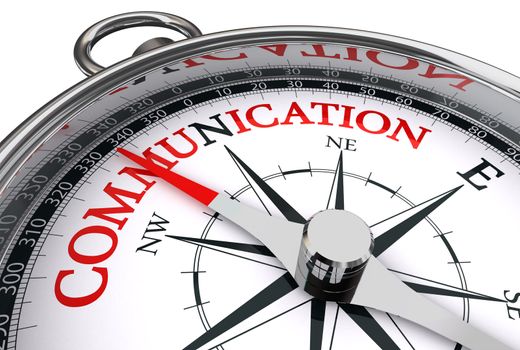 communication red word on conceptual compass isolated on white background