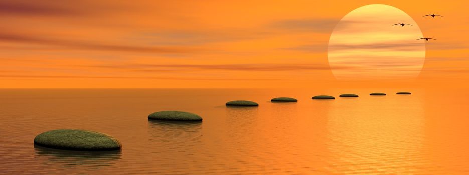 Grey stones steps upon the ocean going to the sun and birds by sunset