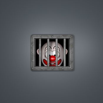 cartoon clown character behind prison window - 3d illustration