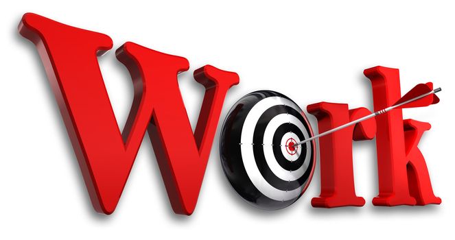 work red word and conceptual target with arrow on white background