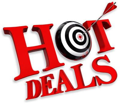 hot deals red logo with conceptual target and arrow on white background