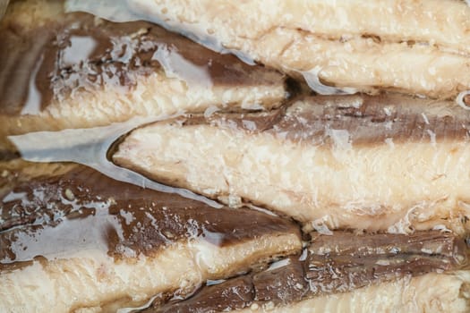 Macro shot of Mackerel Fillets in a tin