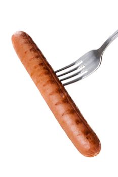 a delicious sausage on a fork over white