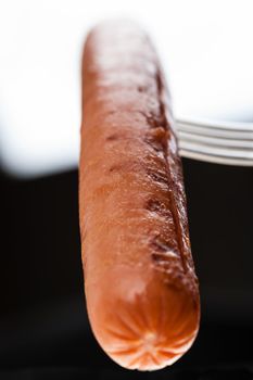 a delicious sausage on a fork over white