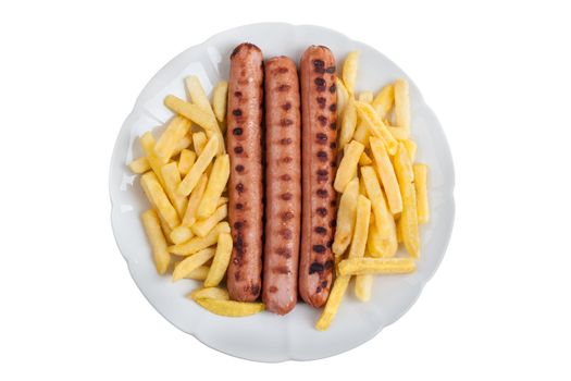 three delicious wurstel on a white plate with french fries