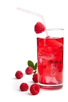 raspberry Cocktail with ice and berry, isolated on white background