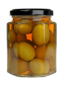 large olives in a glass jar isolated on white background