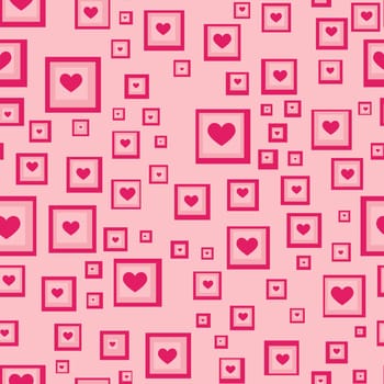 Illustrated retro background containing squares filled with heart shapes
