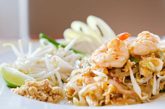 Favorite Thai cuisine ,  Stir fry noodles with shrimp , egg and vegetable
