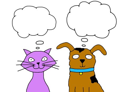 Illustration of a Cat and Dog with thought bubbles