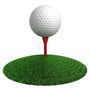 golf ball and red tee on green grass disc on white background. clipping path included