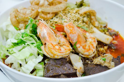 rice noodles with spicy pork and seafood sauce , favorite food , north of Thailand