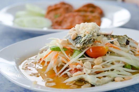  papaya salad with crab on table , favorite thai food,