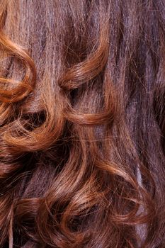 Background of long healthy shiny wavy auburn or brunette hair, studio shot of the back of a female head