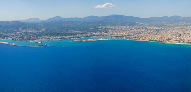 Bird's-eye view on the island Mallorca, port and sea, town Palma-de-Mallorca.